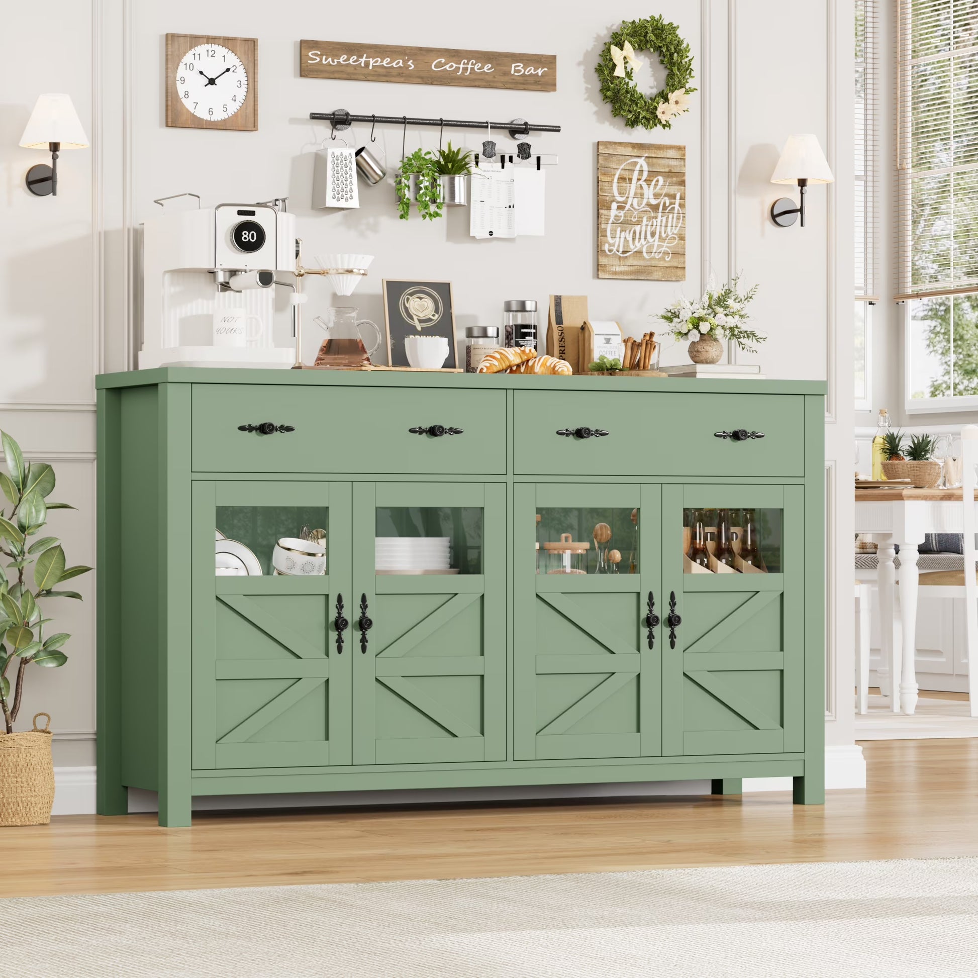 Homfa Farmhouse 55.1"WKitchen Buffet Cabinet with Storage Drawer & Adjustable Shelf, Glass Door Wood Sideboard Credenza Coffee Bar with for Dining Room Living Room, White & Black