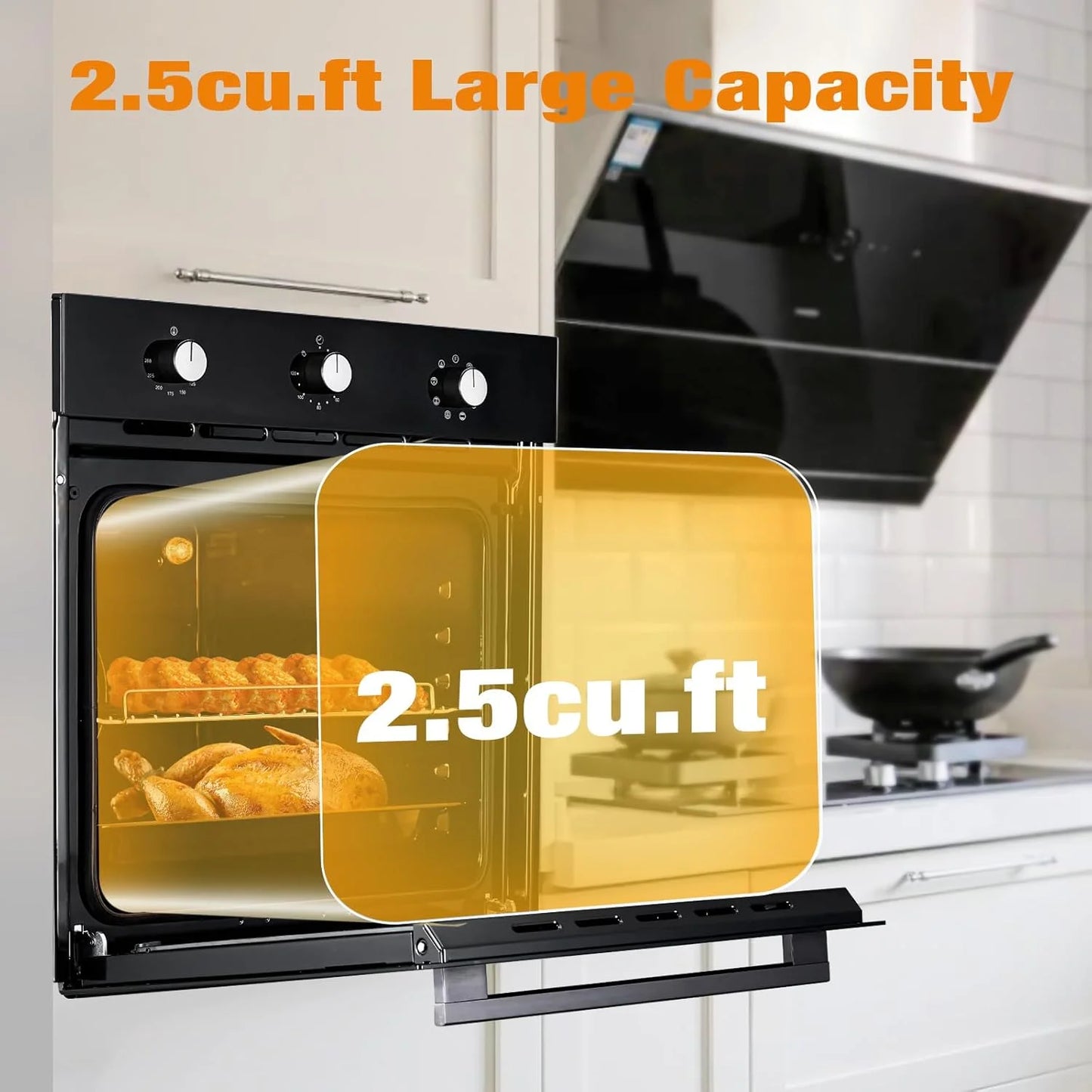 24" Electric Single Wall Oven with 8 Baking Modes 2.5Cu.ft Built-in Electric Convection Oven with Air Frying Function 3D Surround Heating with Double-Layered Glass Door 3000W Silver