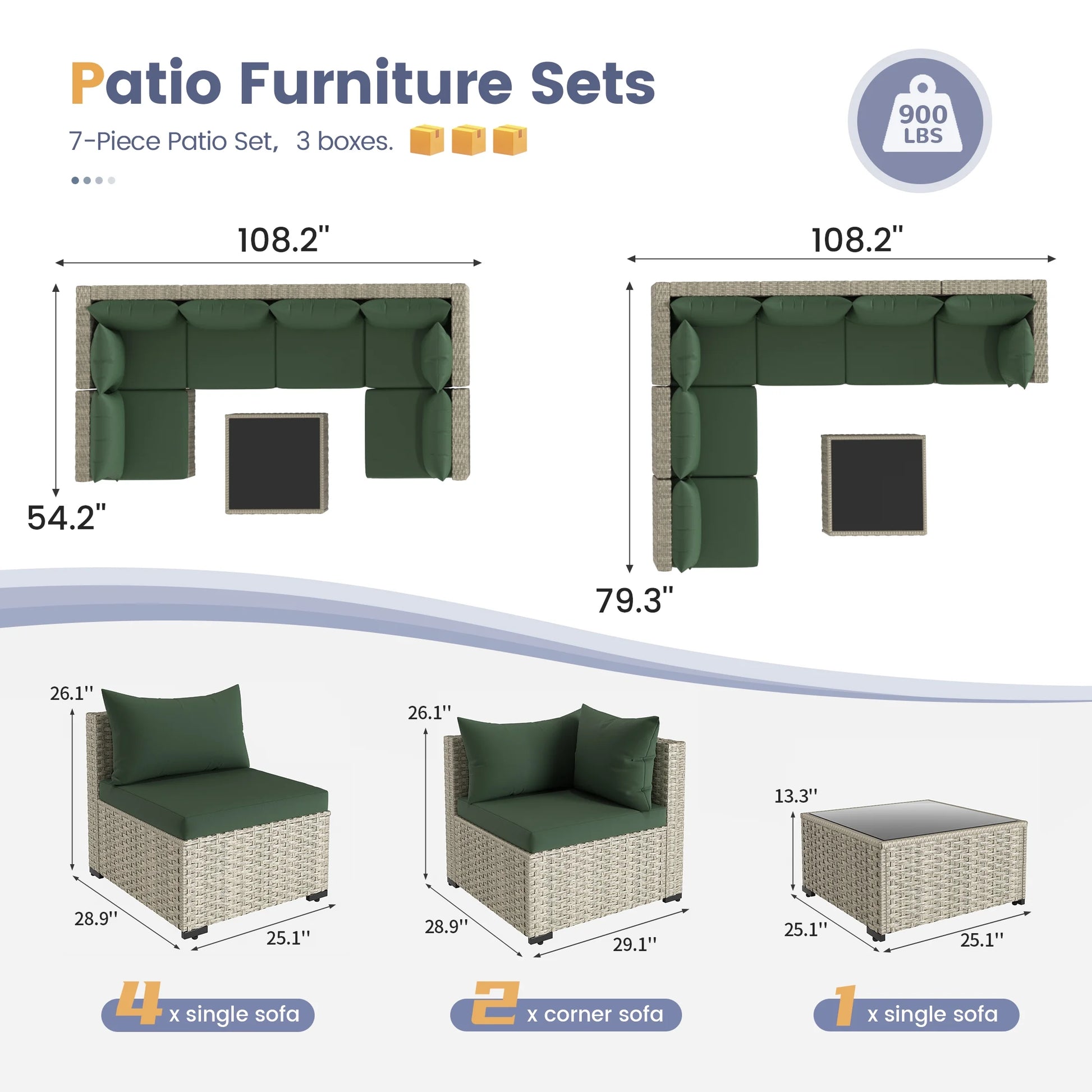 Techmilly 5 Pieces Patio Sectional Sofa PE Rattan Wicker Conversation Sets with Cushions and Glass Table(Green)
