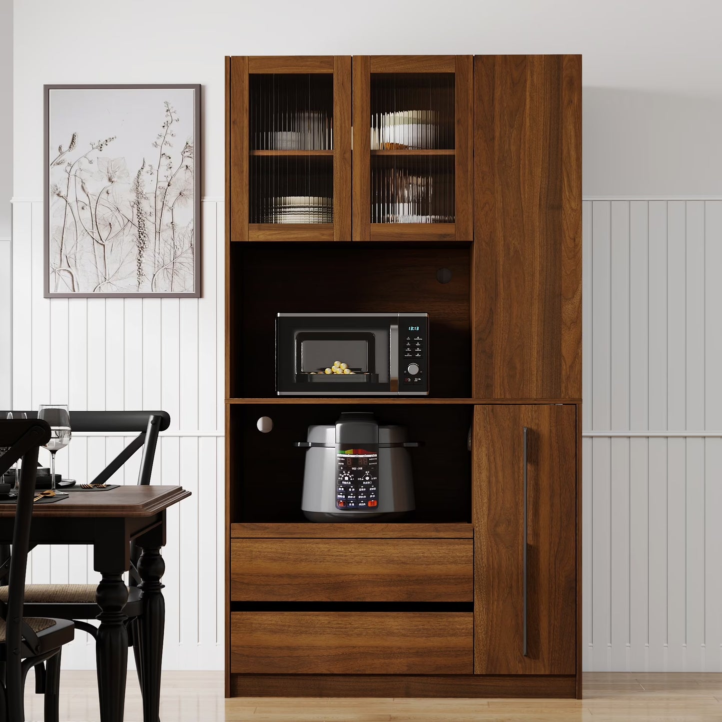 Kitchen Pantry Cabinet w/4-Tier Storage Cart, 2 Drawers & 2 Glass Doors, Tall Storage Cabinet w/Shelves