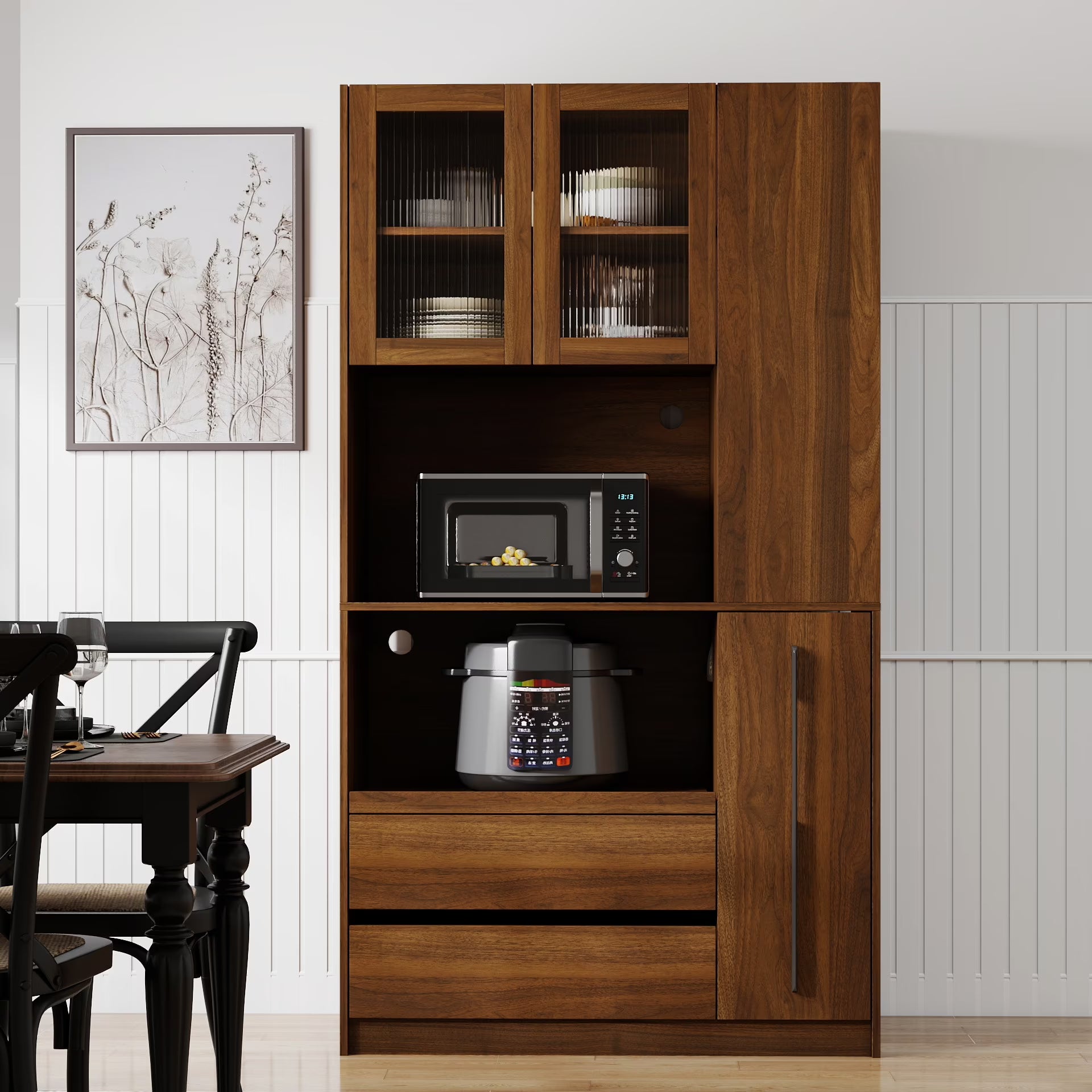 Kitchen Pantry Cabinet w/4-Tier Storage Cart, 2 Drawers & 2 Glass Doors, Tall Storage Cabinet w/Shelves