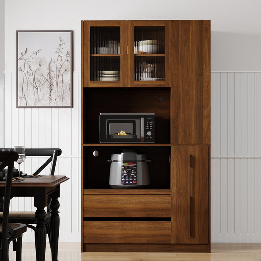Kitchen Pantry Cabinet w/4-Tier Storage Cart, 2 Drawers & 2 Glass Doors, Tall Storage Cabinet w/Shelves