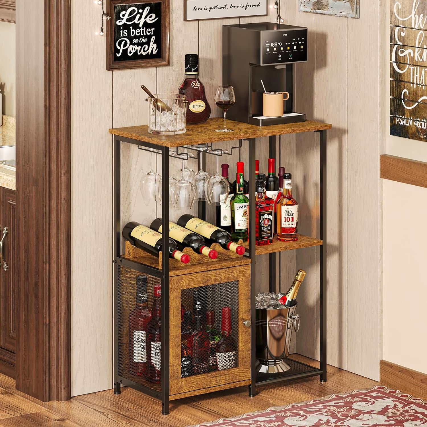 Bar Cabinet with Detachable Wine Rack, Liquor Shelf for Home Bar, Mini Bar Table with Glass Holder, Small Sideboard and Buffet with Mesh Door for Small Space, Rustic Brown