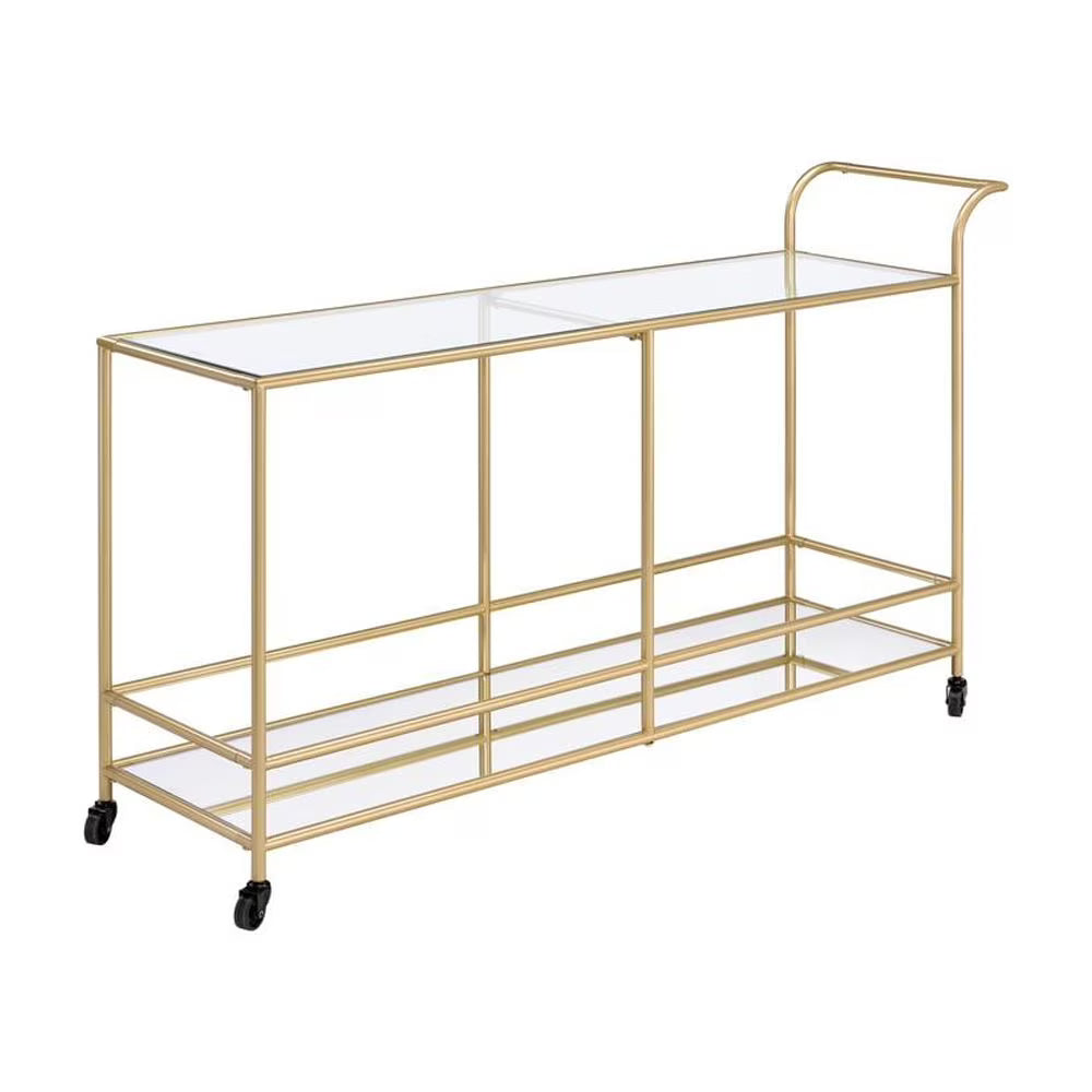 ACME Kenda Rectangular Glass Top Serving Cart in Gold Glass and Mirrored