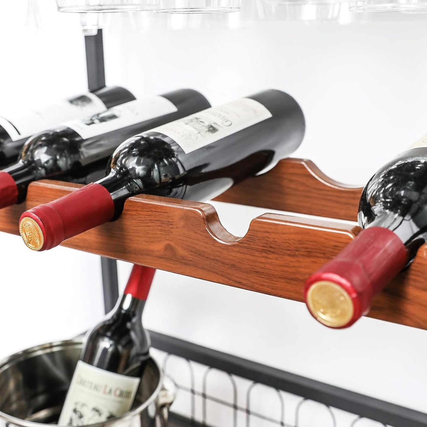 x-Cosrack 3 Tier Home Bar Cart with Wine Rack and Glasses Holder, Mobile Kitchen Storage on Wheels, Brown