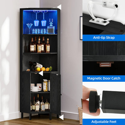 Dextrus 67" Corner Bar Cabinet with LED Lights, Wine Glass Holder & Storage Shelves, Black