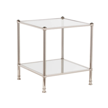 Ember Interiors Parell Glam Metal and Glass End Table, Metallic Silver