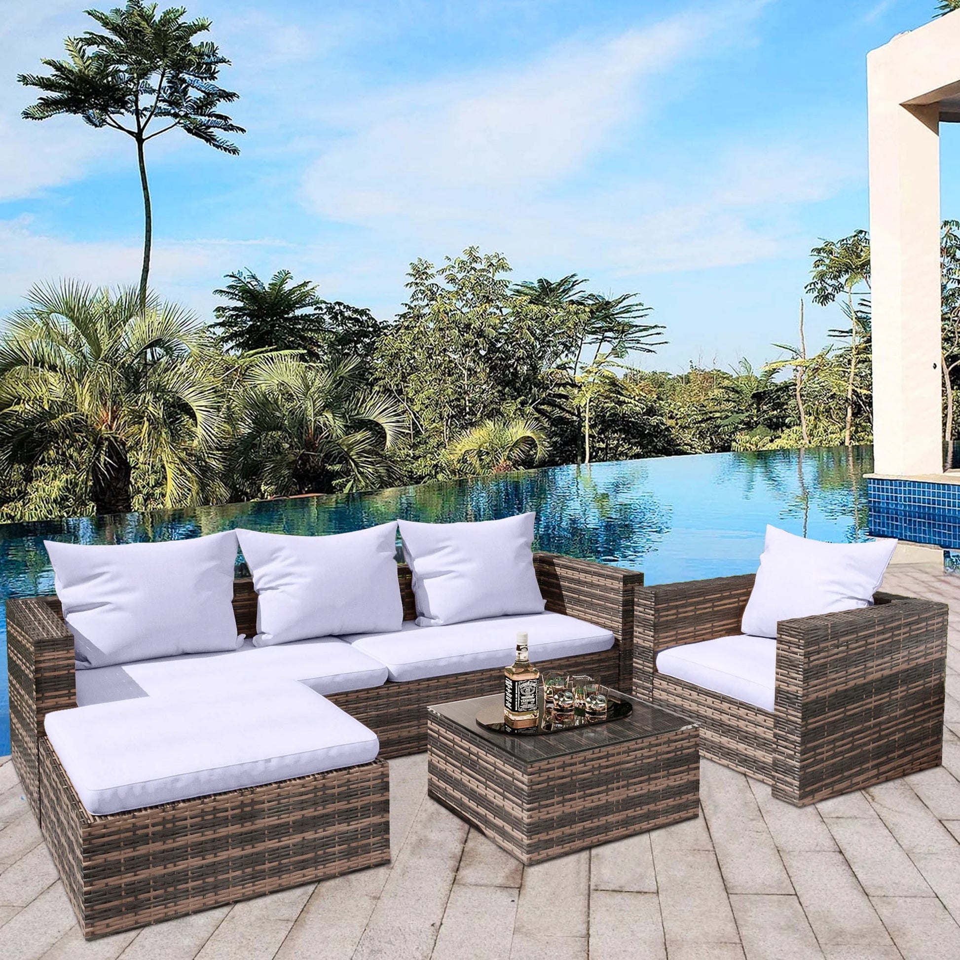 Rattan Patio Sofa Set, 4 Pieces Outdoor Sectional Furniture Set, All-Weather PE Rattan Wicker Patio Conversation Set, Cushioned Sofa Set with Glass Table for Patio Garden Poolside Deck