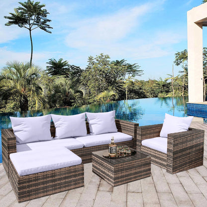 Rattan Patio Sofa Set, 4 Pieces Outdoor Sectional Furniture Set, All-Weather PE Rattan Wicker Patio Conversation Set, Cushioned Sofa Set with Glass Table for Patio Garden Poolside Deck