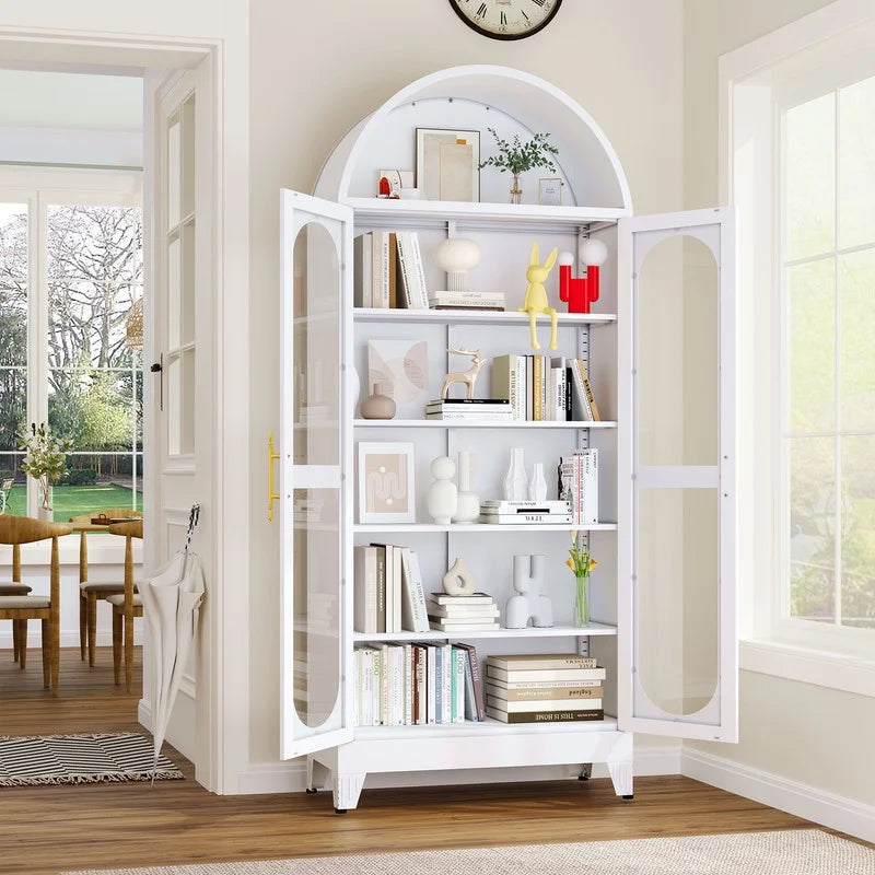 Erosoei 73" Metal Arched Display Cabinet with Glass Doors and Adjustable Shelves for Collectibles