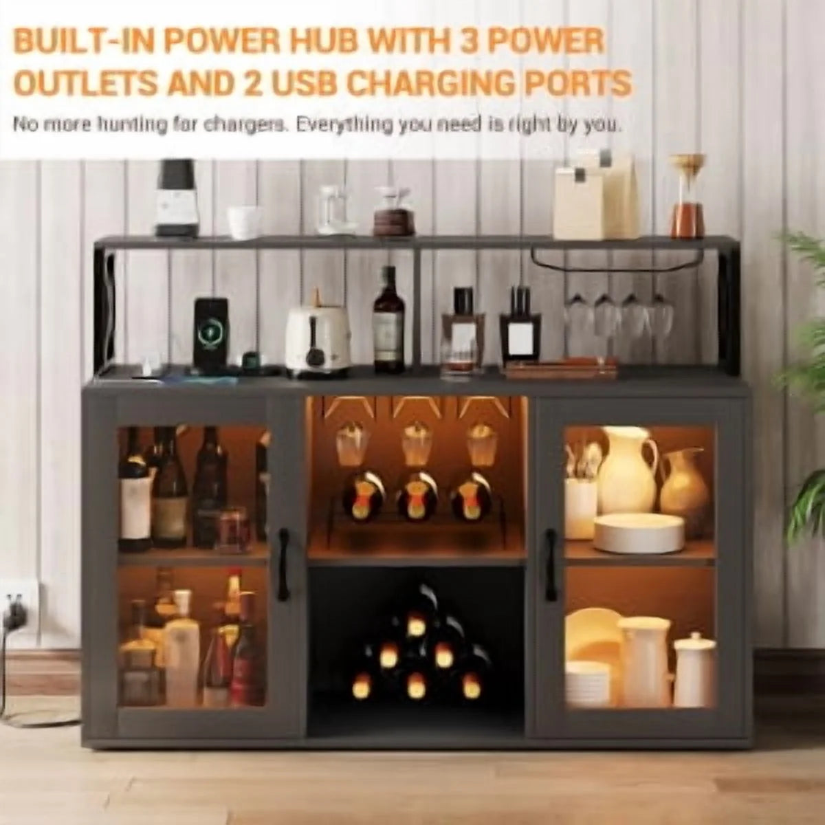 Historyli Wine Cabinet with LED Light,Bar Cabinet with Wine Rack,Glass Holder,and Power Outlets,for Living Room Office,Black