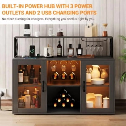 Historyli Wine Cabinet with LED Light,Bar Cabinet with Wine Rack,Glass Holder,and Power Outlets,for Living Room Office,Black