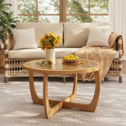Round Wood Coffee Table with Glass Rattan Top, Wooden Circle Center Table with Curved Legs & Removeable Tempered Glasstop, Cocktail Table for Living Room, Light Brown 32.28" x 18.15"