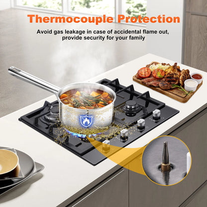 Amzgachfktch 4 Burners 24 inch Gas Cooktop Stainless Tempered Glass Natural Gas/LPG Convertible