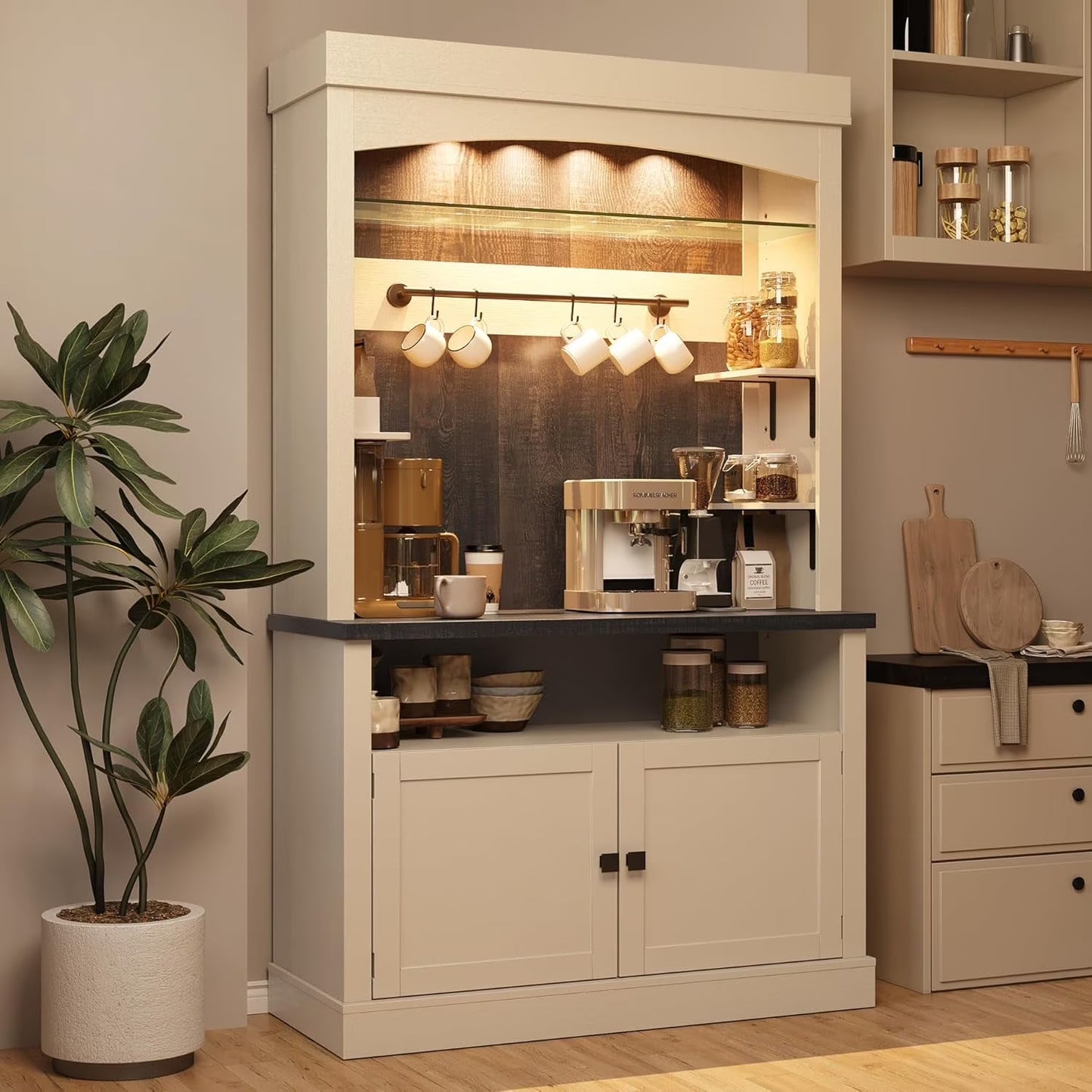 GarveeHome 72" Tall Coffee Bar Cabinet with LED Lights, Farmhouse Buffet Cabinet with Storage, Kitchen Sideboard with Microwave Stand, Wine Rack, and Glass Shelf for Dining Room, Dark Oak