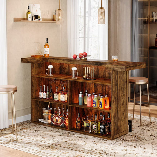 Tribesigns 4-Tier Bar Table, 70.9-Inch Large Home Bar Cabinet with Wine Glass Holder and Black Footrest, for Kitchen, Dining Room, Living Room, Pub, Rustic Brown