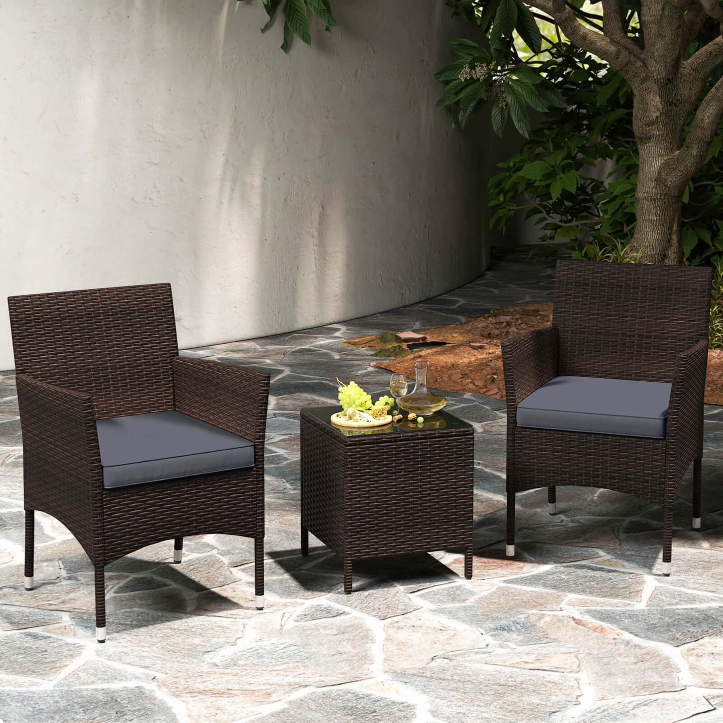 Costway 3 PCS Outdoor Conversation Set with Cushioned Seat & Tempered Glass Tabletop Beige