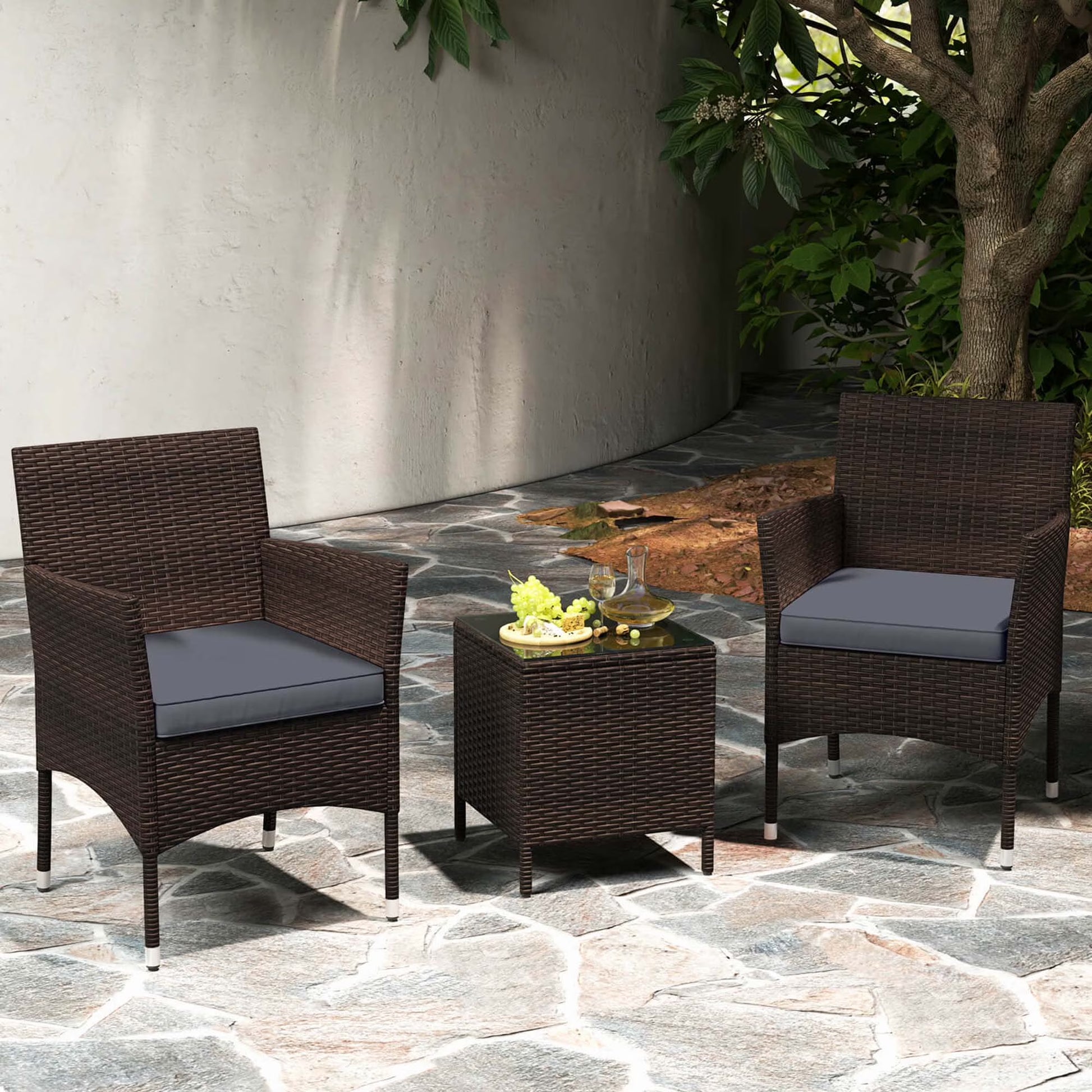 Costway 3 PCS Outdoor Conversation Set with Cushioned Seat & Tempered Glass Tabletop Beige