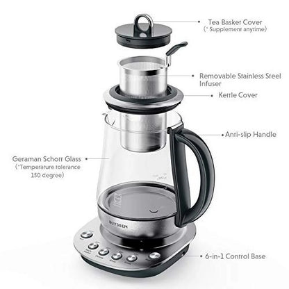 BUYDEEM Electric Tea Maker with Removable Infuser, Stainless Steel & German Schott Glass Kettle, Auto Keep Warm, 1.2L