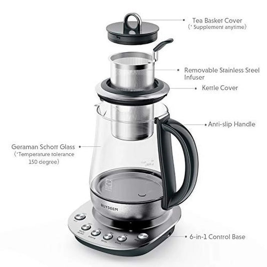 BUYDEEM Electric Tea Maker with Removable Infuser, Stainless Steel & German Schott Glass Kettle, Auto Keep Warm, 1.2L