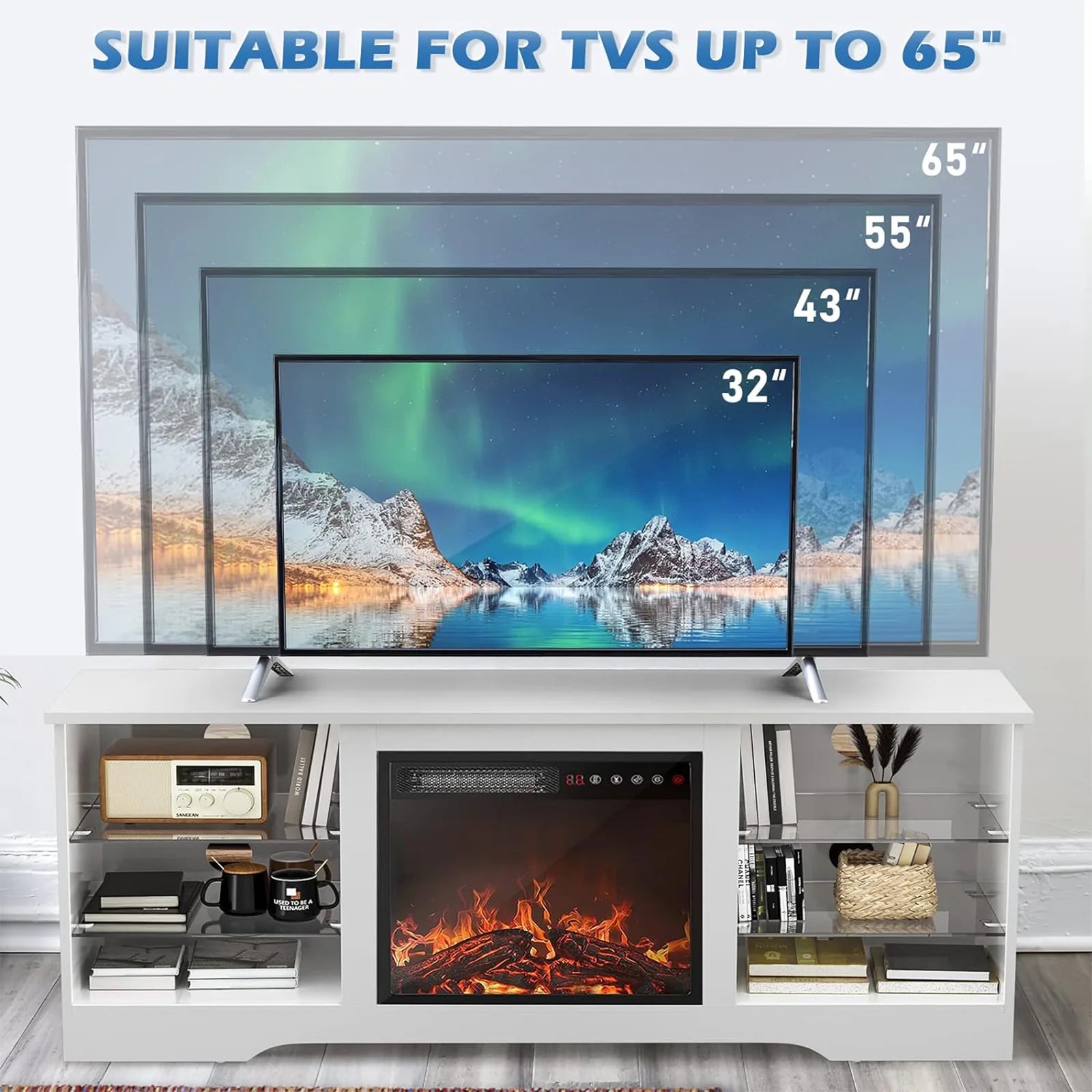 Waleaf Fireplace TV Stand with 18'' Fireplace for TVs up to 65 inch, Two Adjustable Glass Shelves