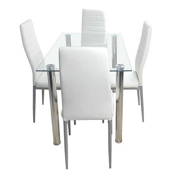 4-seat Simple 日ectangular Cylindrical Leg Table Tempered Glass Stainless Steel Clear Glass 110 * 70 * 75cm
