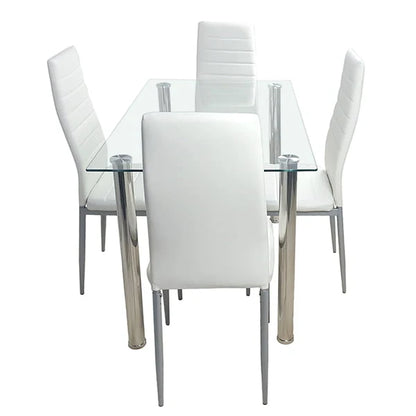 4-seat Simple 日ectangular Cylindrical Leg Table Tempered Glass Stainless Steel Clear Glass 110 * 70 * 75cm