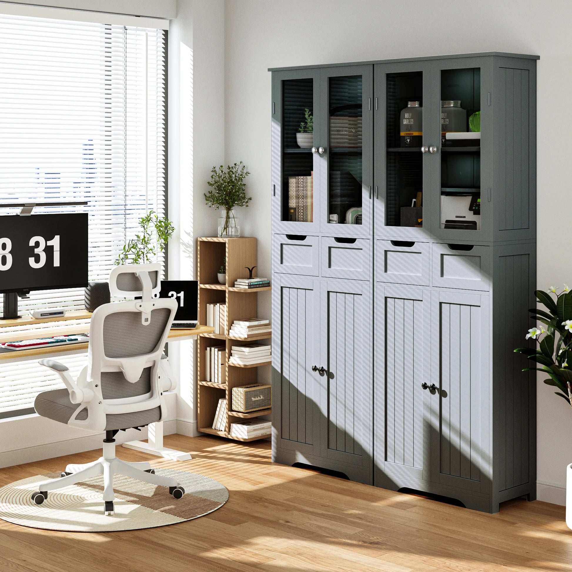 Joywind Gray Freestanding Bathroom Storage Cabinet with Glass Doors - 67" Tall Linen Organizer with 2 Drawers & Adjustable Shelves, for Bathroom, Kitchen, Living Room, Office Storage