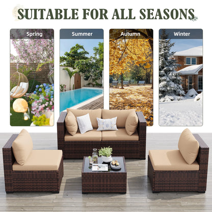MRUAKA 5 Pieces Patio Furniture Set, Outdoor Furniture Sectional Rattan Sofa with Slanted Back, Patio Couch with Glass Coffee Table for Backyard Garden (Khaki)