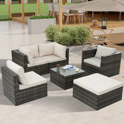 Highsound 6 Piece Patio Furniture Sets, All Weather PE Wicker Rattan Outdoor Sectional Sofa Conversation Couch with Glass Table, Cushions and Ottoman, for Lawn, Garden, Backyard, Beige