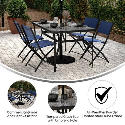 Emma + Oliver Rectangular Tempered Glass Top Patio Table with Umbrella Hole and Black Steel Tube Frame
