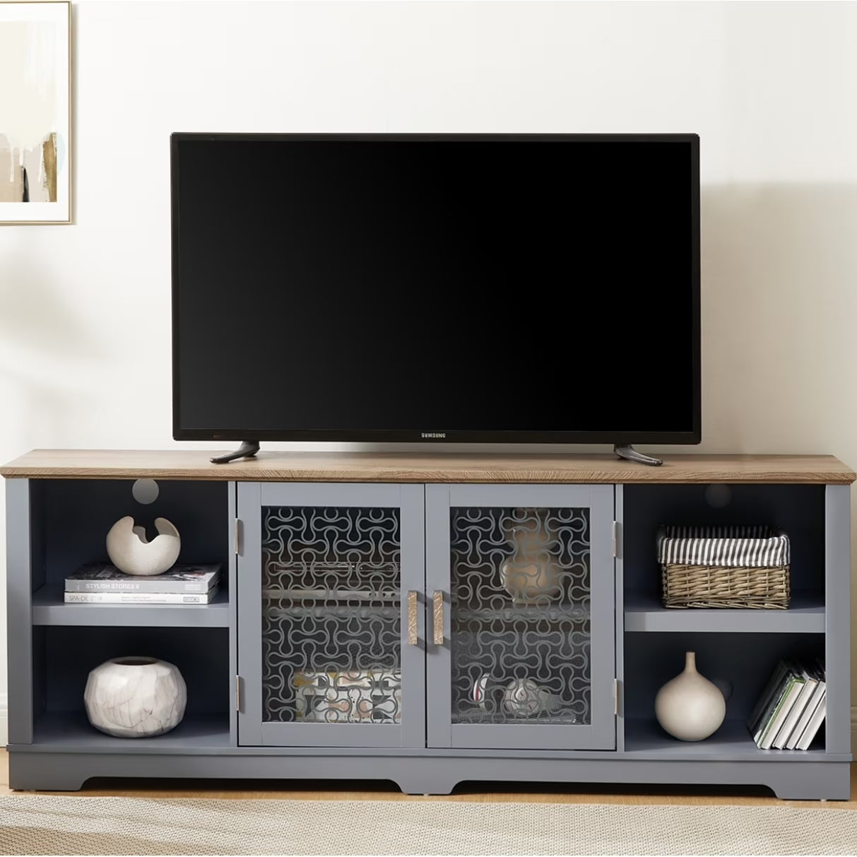 Tcbosik Farmhouse Buffet Cabinet, 56.4" Sideboard Cabinet w/2 Drawers and 2 Glass Doors, Coffee Bar Cabinet with Glass Cup Holder and 8-Slot Wine Rack for Dining Room Living Room, Light Blue