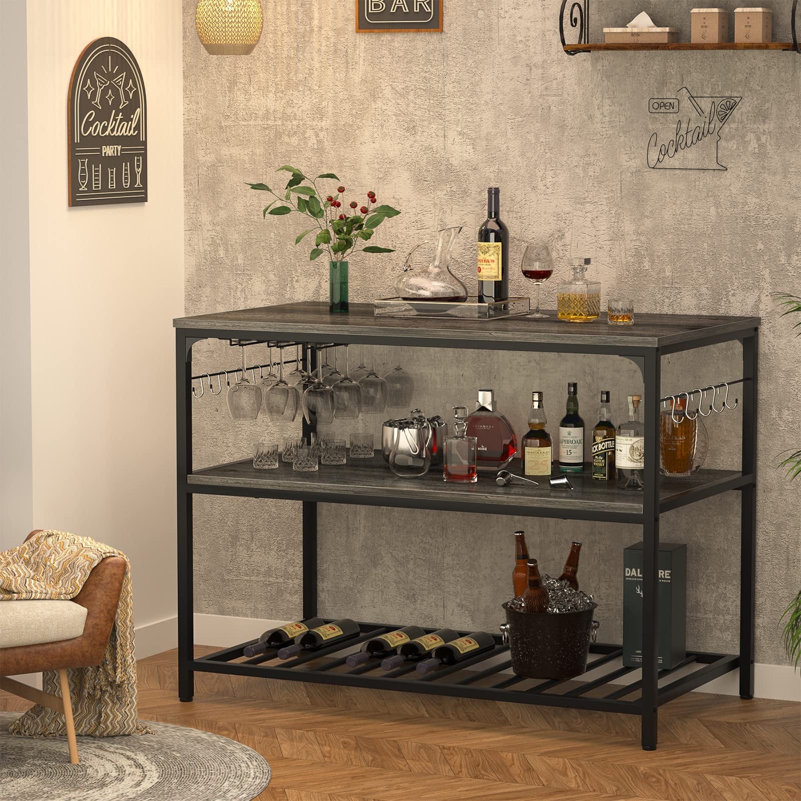 Homieasy Kitchen Island with Wine Glass Holder, Industrial Wood and Metal Coffee Bar Rack, 3 Tier Spacious Prep Table Extended Counter with Hooks Easy to Assemble, Gray Oak