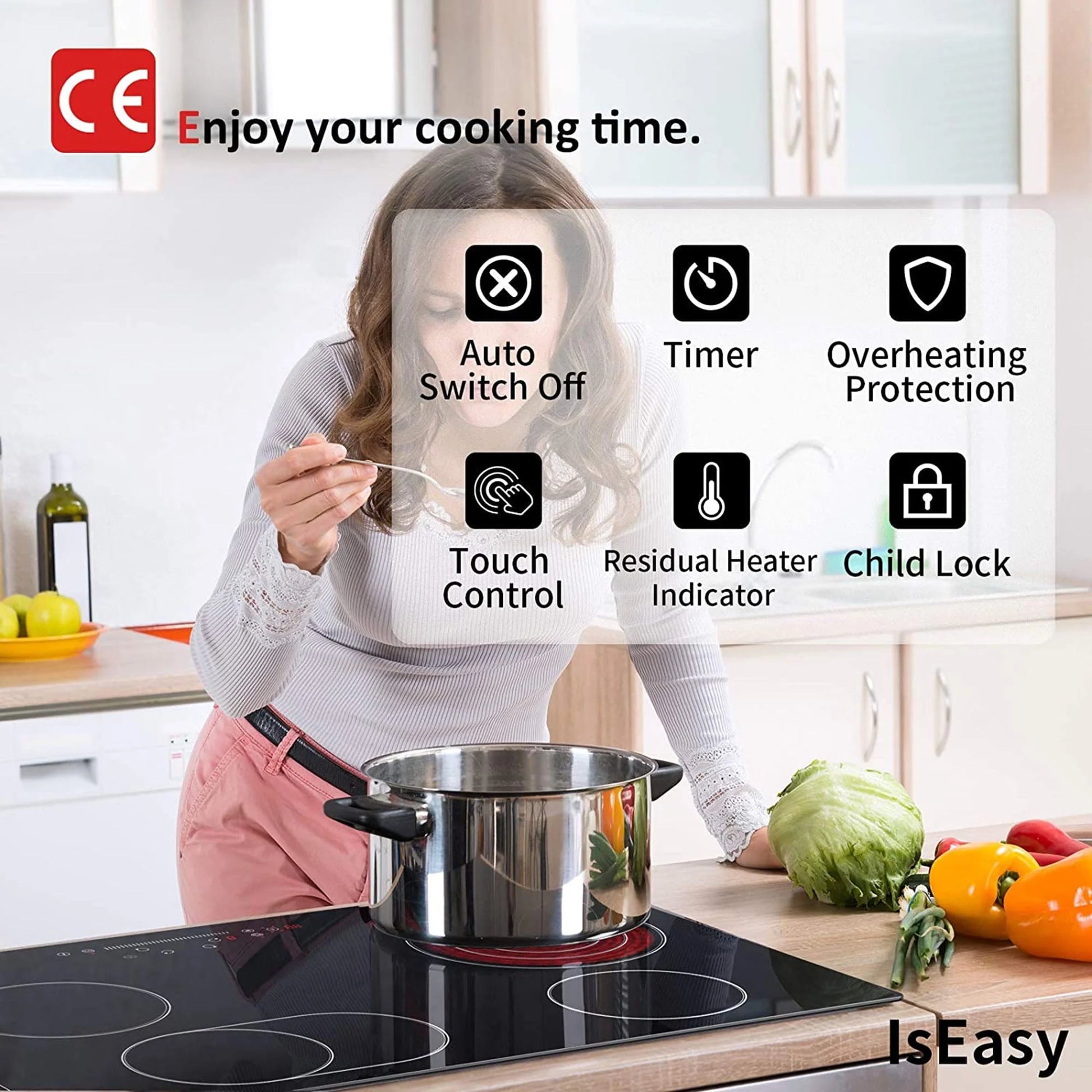 IsEasy Electric Ceramic Cooktop, 30" 4 Burners Built-in Countertop Burners Cooker Satin Glass in Black Touch Sensor Control, Timer, Child Safety Lock, 9 Power Levels, 220-240V 7200W