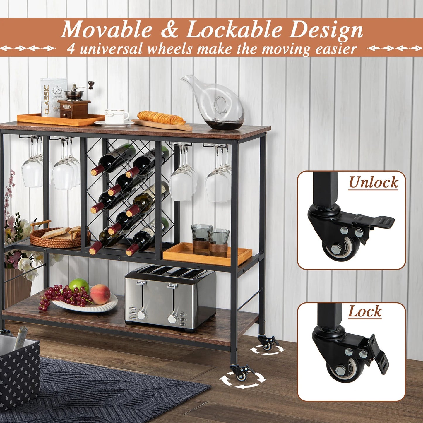 Gymax Industrial Liquor Bar Cart Rolling Kitchen Serving Cart w/Wine Rack Glass Holder