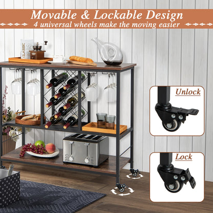 Gymax Industrial Liquor Bar Cart Rolling Kitchen Serving Cart w/Wine Rack Glass Holder