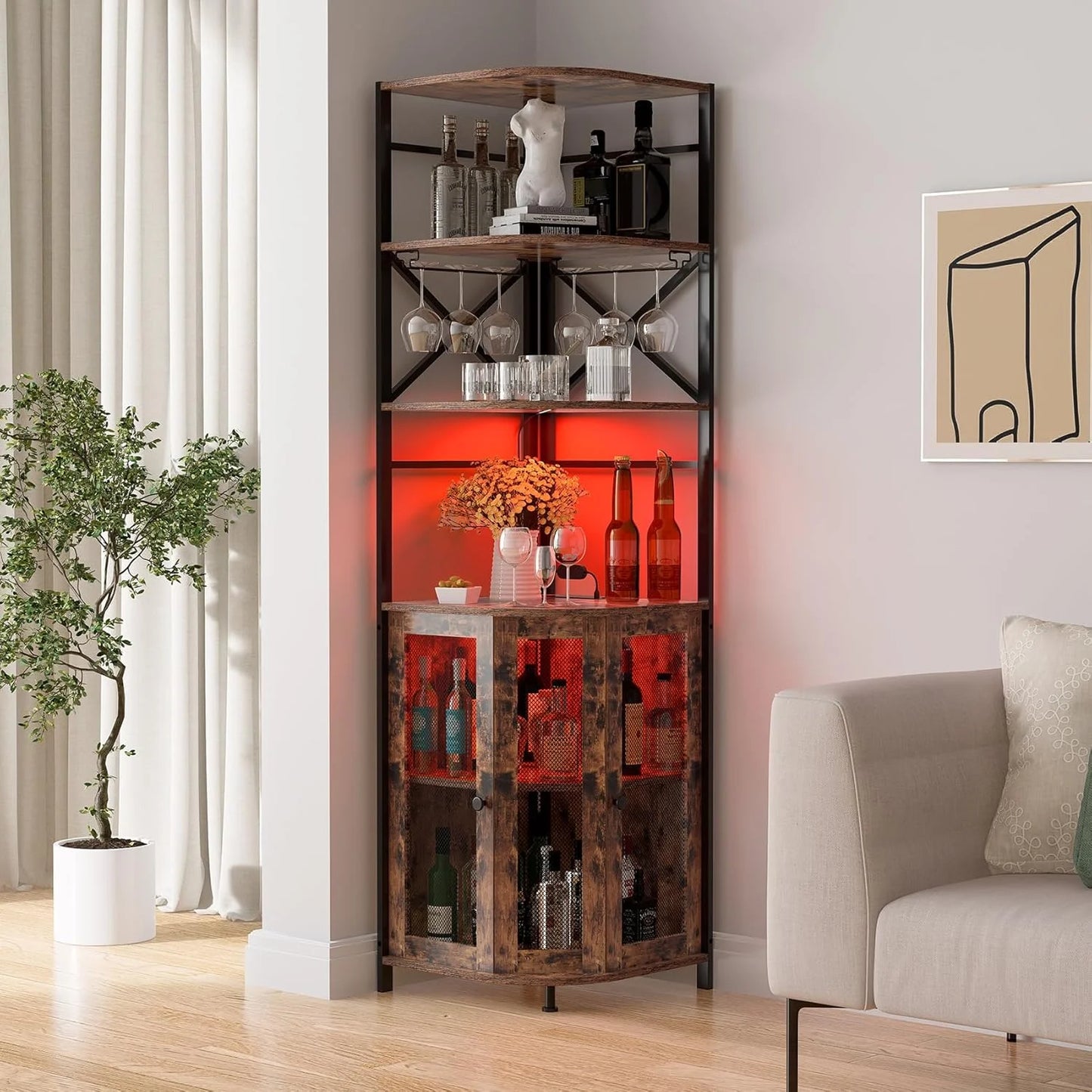 Frmobepts Corner Bar Cabinet with Power Outlet, 6-Tiers Industrial Wine Cabinet with LED Strip and Glass Holder for Living Room, Kitchen, Grey