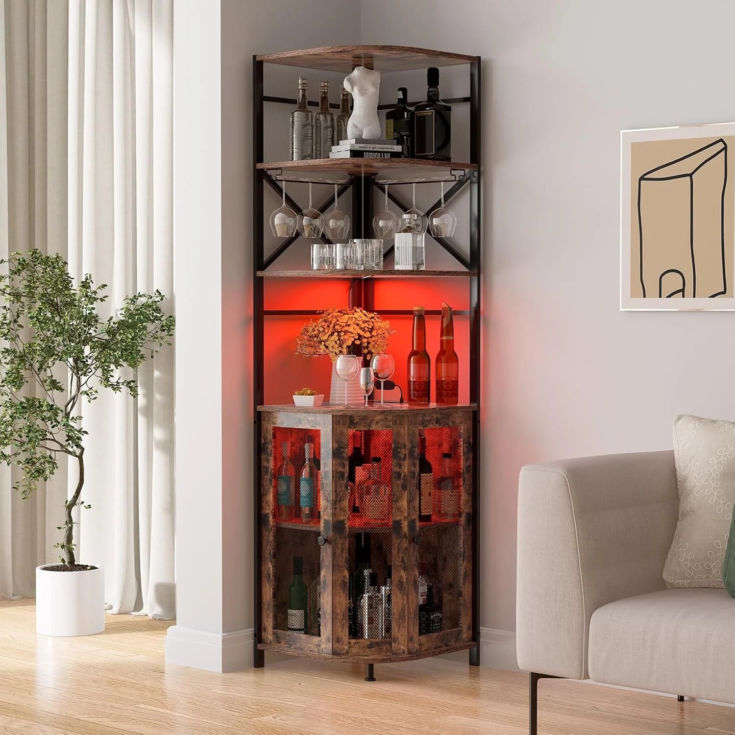 Frmobepts Corner Bar Cabinet with Power Outlet, 6-Tiers Industrial Wine Cabinet with LED Strip and Glass Holder for Living Room, Kitchen, Grey