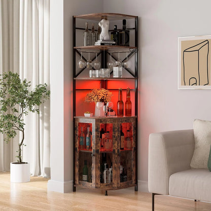 Frmobepts Corner Bar Cabinet with Power Outlet, 6-Tiers Industrial Wine Cabinet with LED Strip and Glass Holder for Living Room, Kitchen, Grey