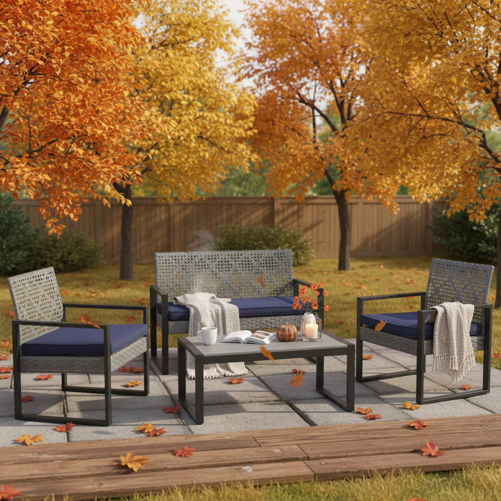 Enyopro 4-Piece Patio Furniture Set, with 2 Arm Chairs, Love Seat & Tempered Glass Coffee Table, Rattan Outdoor Conversation Chair Sets for Patio Porch Deck Balcony, Gray