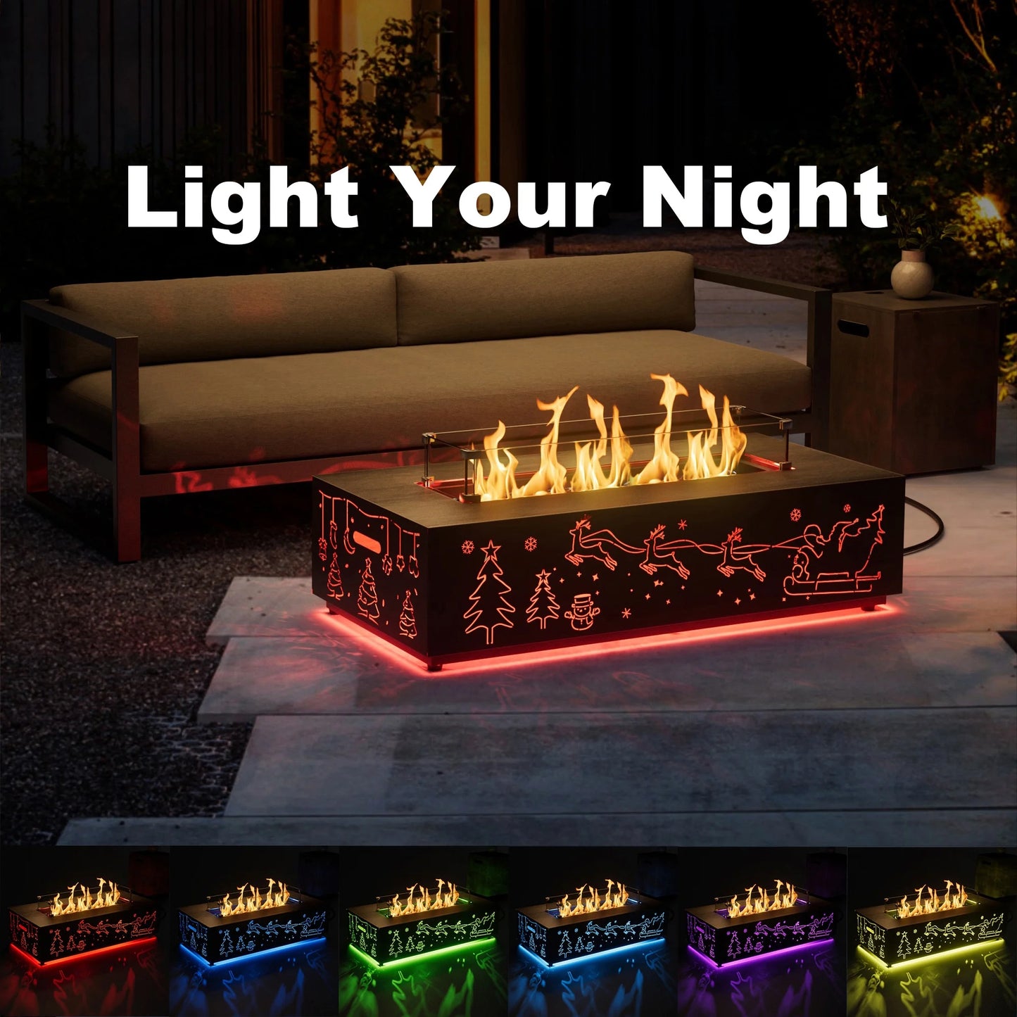 Evita 42" Propane Fire Pits for Outdoor 50,000 BTU Gas Fire Pit Table with Lid ,Glass stone,Windguard Glass,Tank Cover,LED Light Strip
