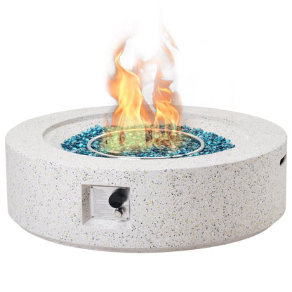 ESSENTIAL LOUNGER 56 inch Concrete Propane Fire Pit Table, 50,000 BTU Outdoor Firepit Rectangular Table for Garden& Patio, with Propane Tank Metal Stand, Fire Glass Beads and Waterproof Cover, White