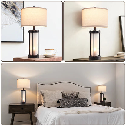 RORIA 24° F Modern Living Room Table Lamp 2-Piece Set with 2 USB Charging Ports, Built-in White Frosted Glass with Night Light, Black Vintage Rustic Farmhouse Lamp for Bedroom Nightstand Lamps