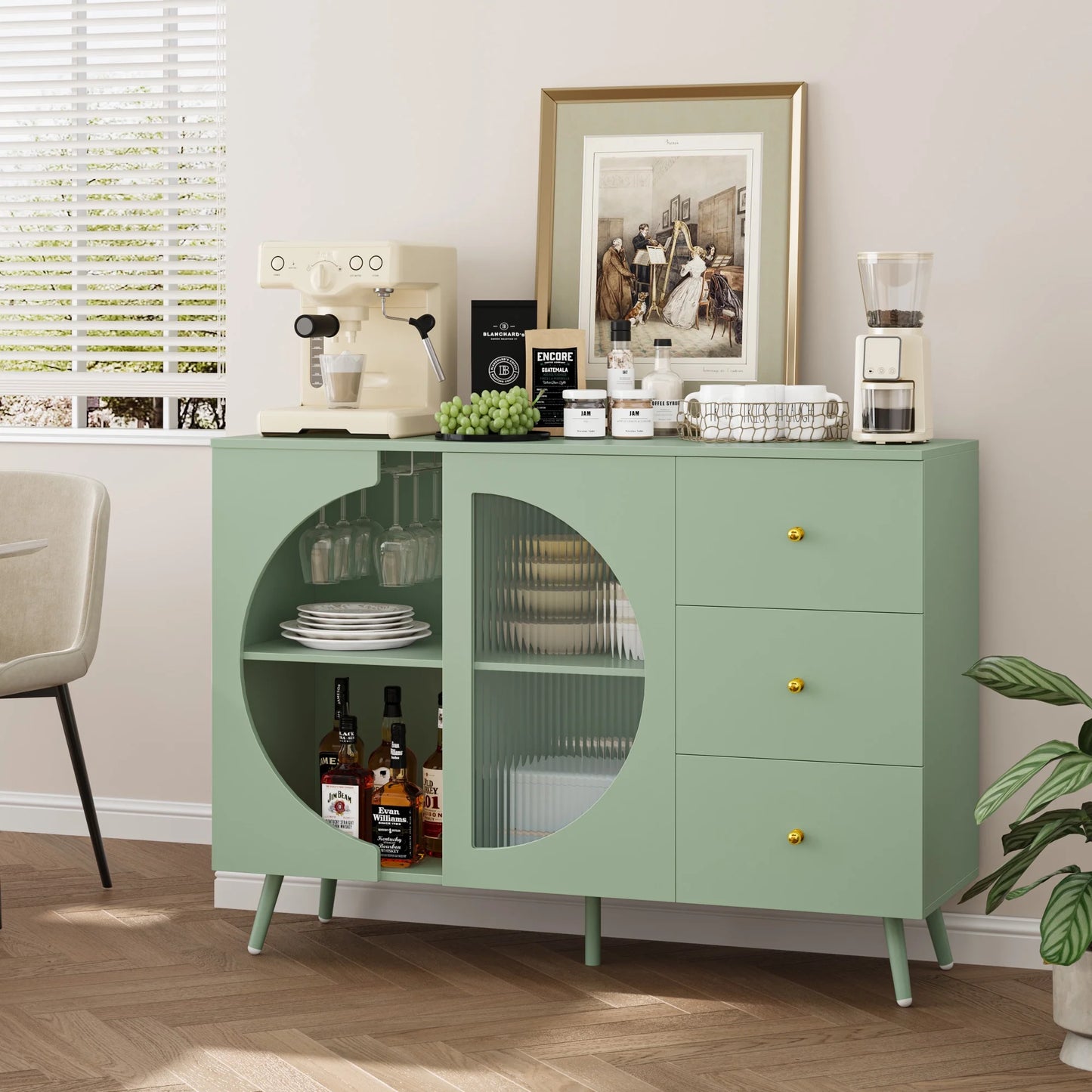 Homfa Coffee Bar Cabinet with 3 Drawers & Glass Door, Modern Buffet Sideboard Bar Table for Dining Room, Green