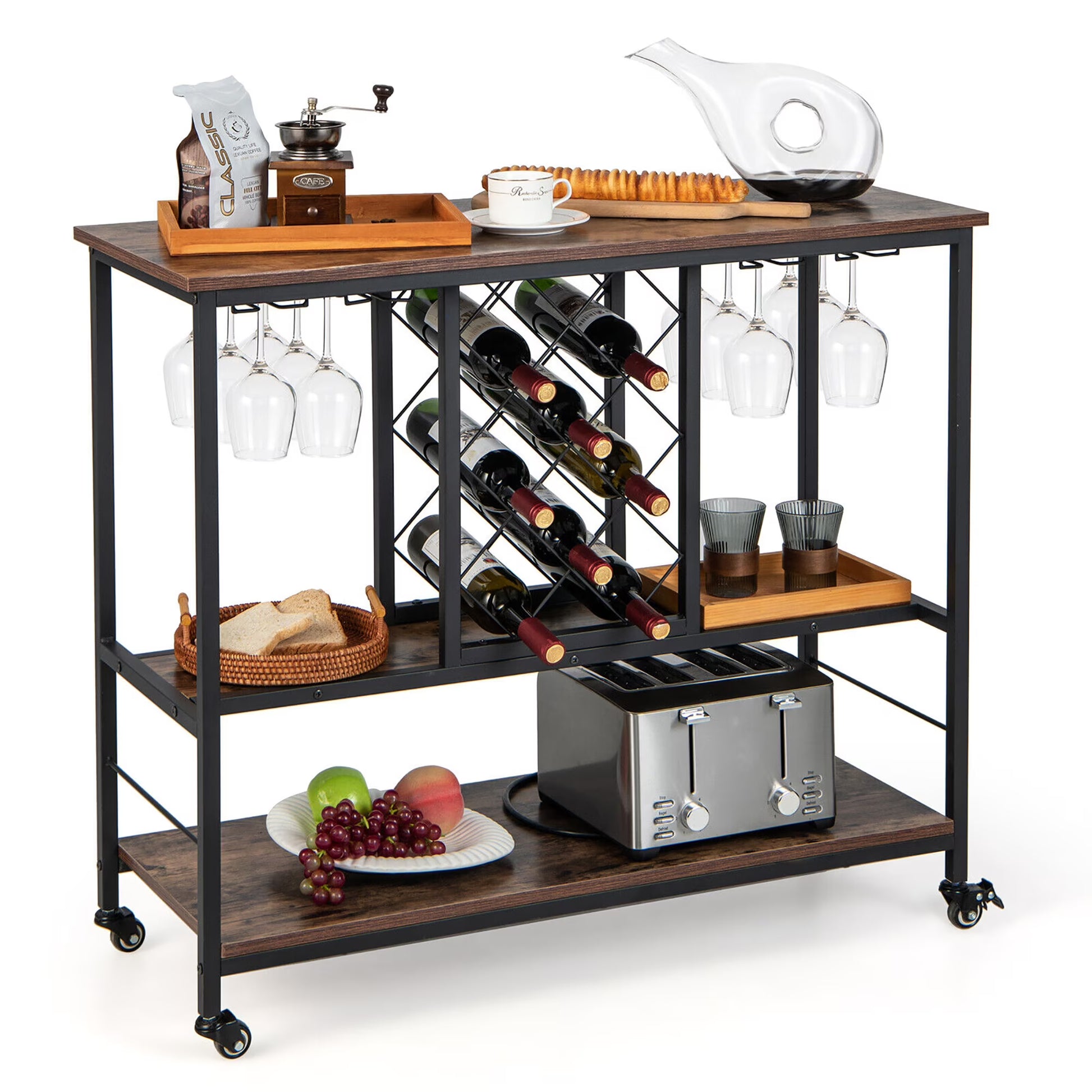 Gymax Industrial Liquor Bar Cart Rolling Kitchen Serving Cart w/Wine Rack Glass Holder