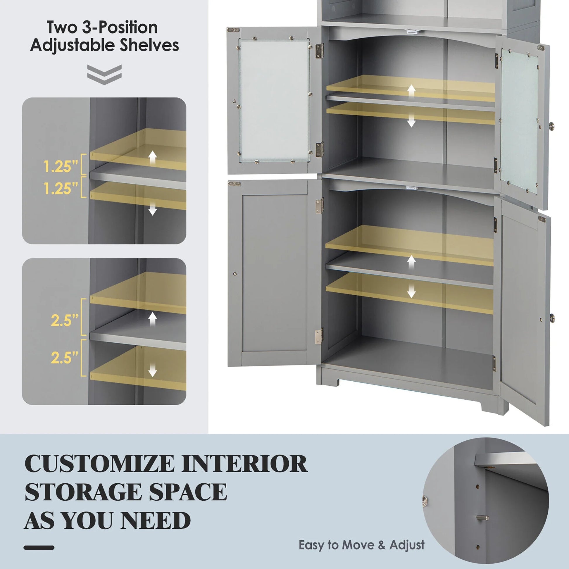 Gymax Bathroom Tall Storage Cabinet Linen Tower w/Glass Door & Adjustable Shelf Grey