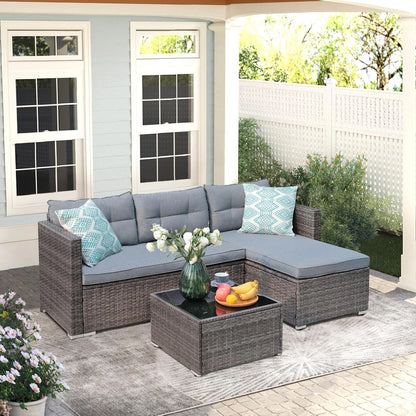 JOIVI 3 Pieces Patio Conversation Set, PE Wicker Rattan Outdoor Furniture Set, 2 Ways Small Sectional Sofa, Tempered Glass Coffee Table, Silver-Gray