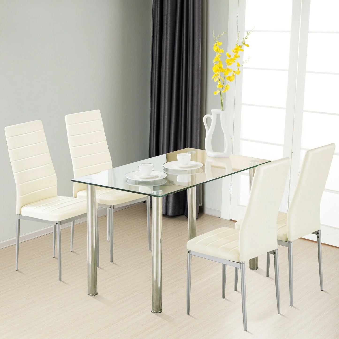 Ktaxon Dining Table set 5 Piece Dining Table Set Tempered Glass Top Dinette Sets with 4 PU Leather Chairs,Light White