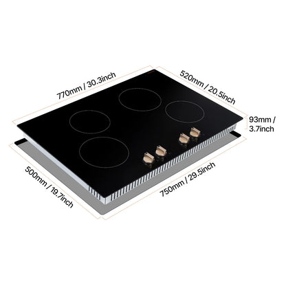 KFFKFF Induction Stove, 6600W 5 Burner Built-in Electric Cooktops, with Knob Control, 12 Heat Settings, Glass Top, Automatic Power Off
