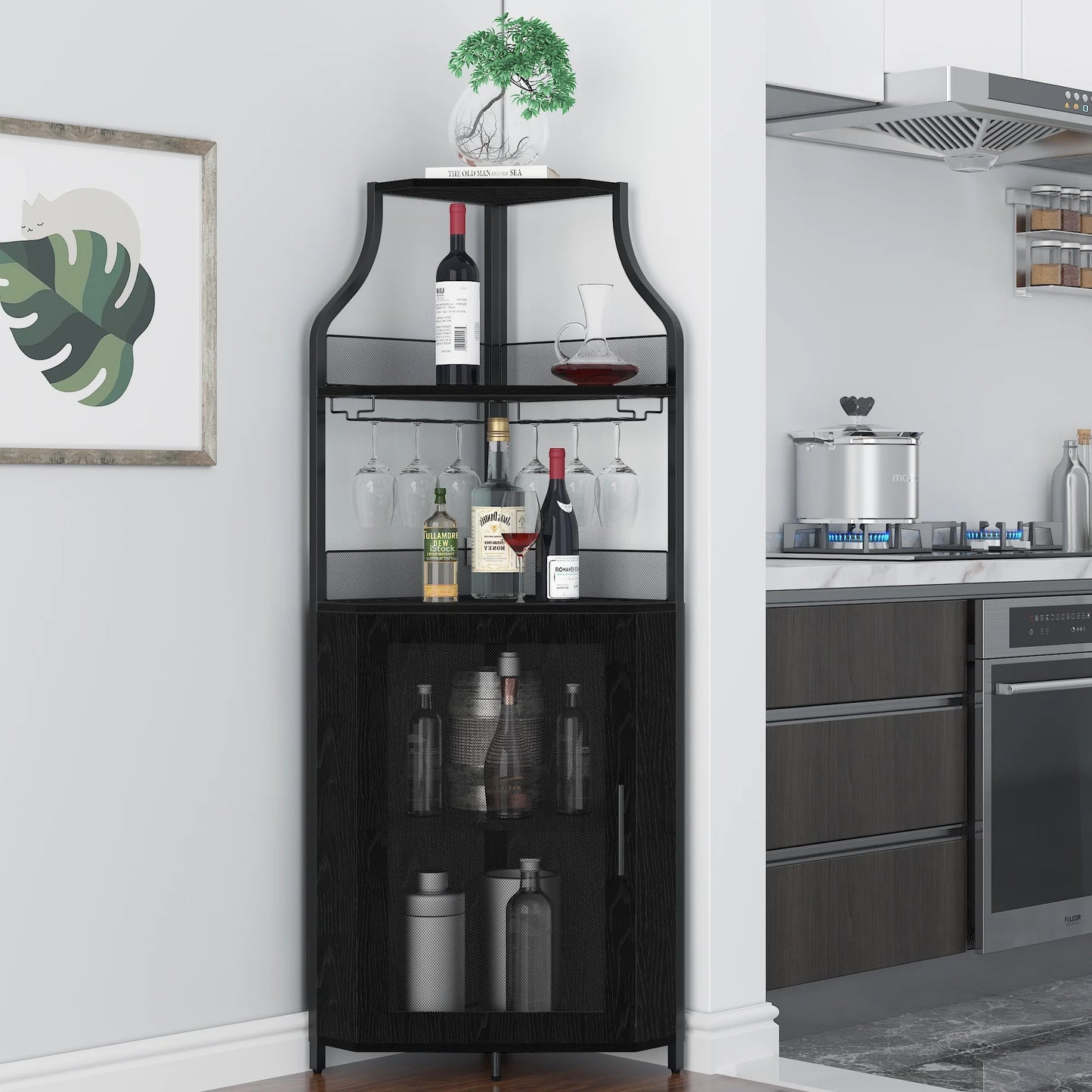 COZONY 5-Tier Retro-Styled Corner Bar Cabinet with Wine Rack, Glass Holder, and Storage Shelves, 60.6"H